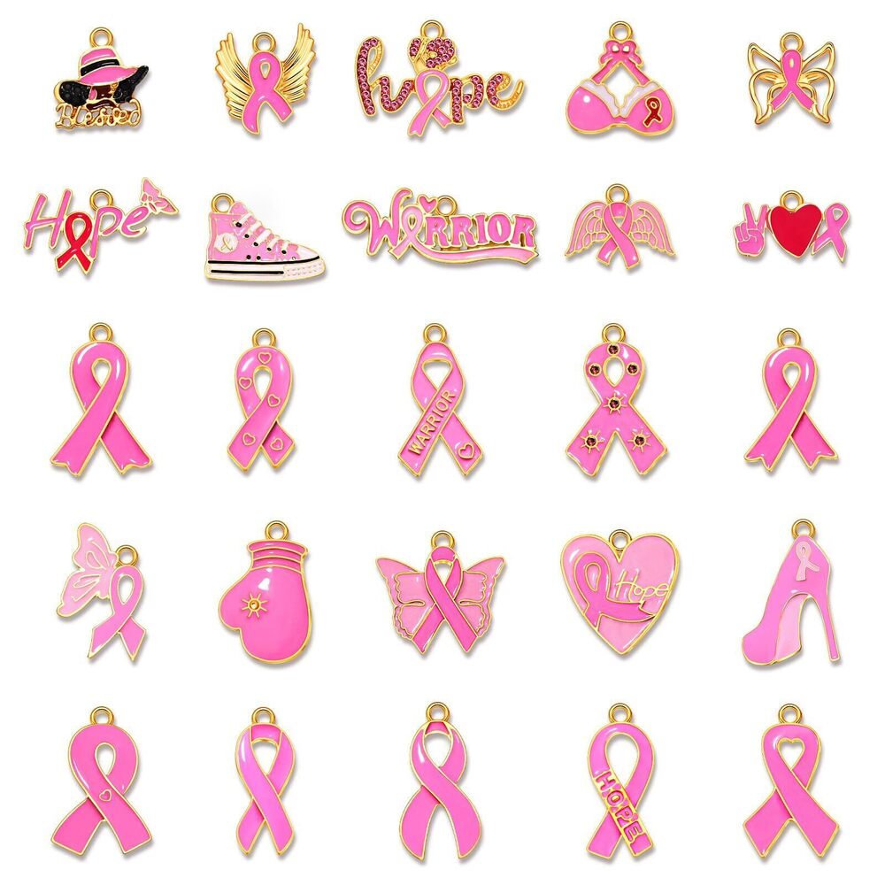 8360 25PCS Pink Ribbon Charms for Jewelry Making Enamel Rhinestone Breast